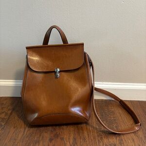 Faux Leather Convertible Backpack, Light Brown